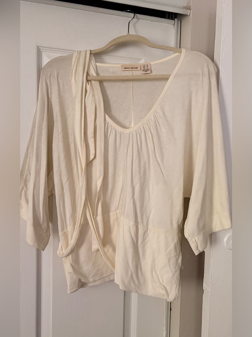 DKNY Cream Scoop Neck Draped Tie-Detail Blouse